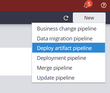 The New menu that shows the selection of the Deploy artifact pipeline template .