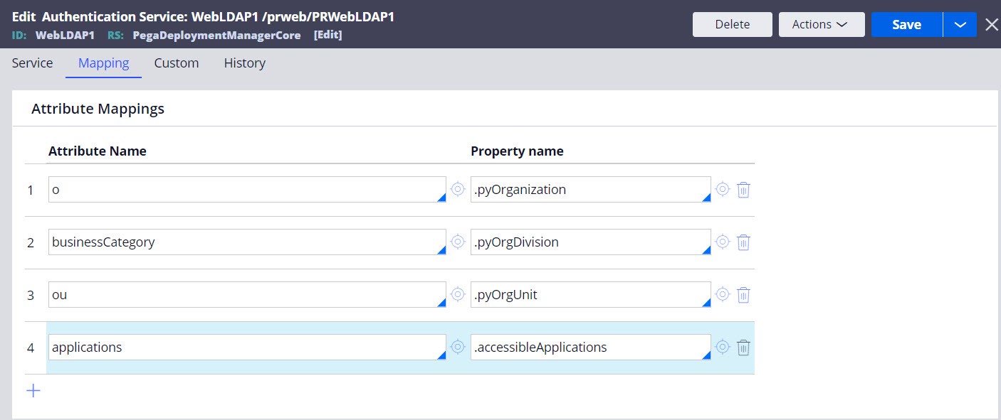 Mapping LDAP attributes to the accessibleApplications property.