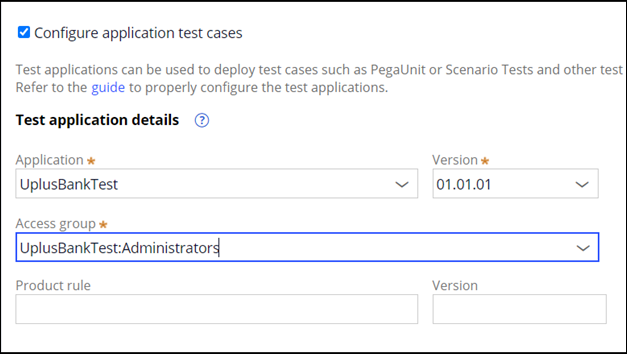 Configuration of test application details for merge pipelines