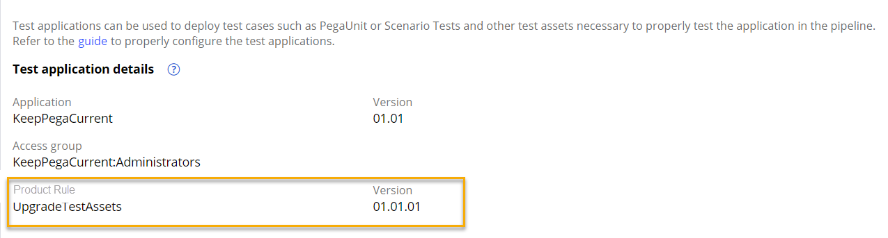 Test application details with the updateTestAssets product rule.