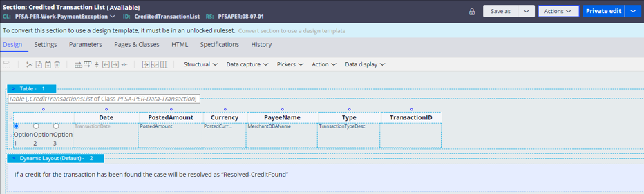 The Design tab of the CreditedTransactionList section displays a dynamic layout to display fields on the Credited transactions list screen.