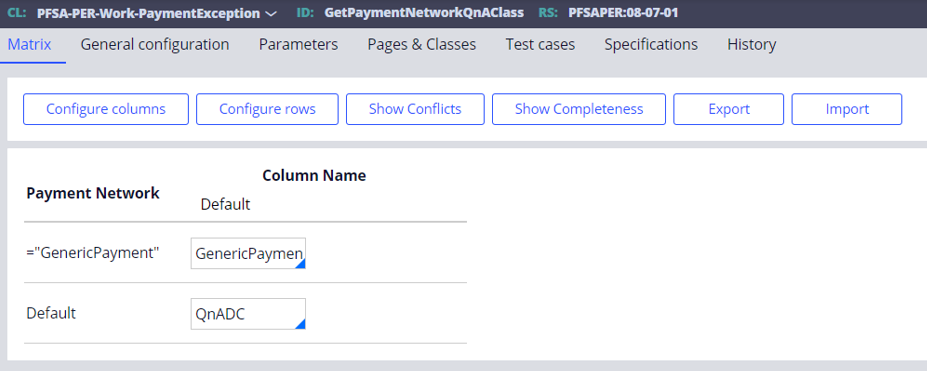The Matrix tab of the GetPaymentNetworkQnAClass is used to configure dynamic column name for the payment network.