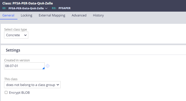 The General tab of the PFSA-PER-Data-QnA-Zelle class defines configuration settings for the new class type.