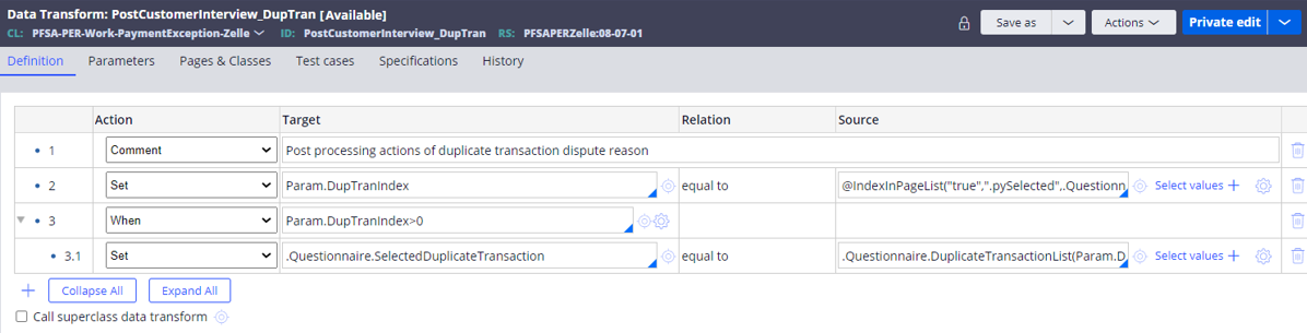 The Definition tab of the PostCustomerInterview data transform is used to configure post-processing actions of duplicate transaction dispute reasons.