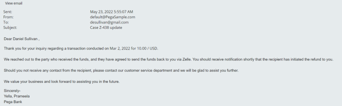 The email correspondence sent to the customer when the case is resolved as Resolved-Refunded status.