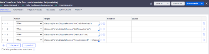 The Definition tab of the Zelle_FinalResolutionStatusList data transform configures the resoluton status for each dispute reason based on the condition.