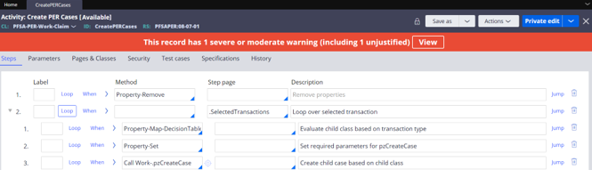 The Steps tab of the Create PER Cases activity is configured with methods to create a child case.