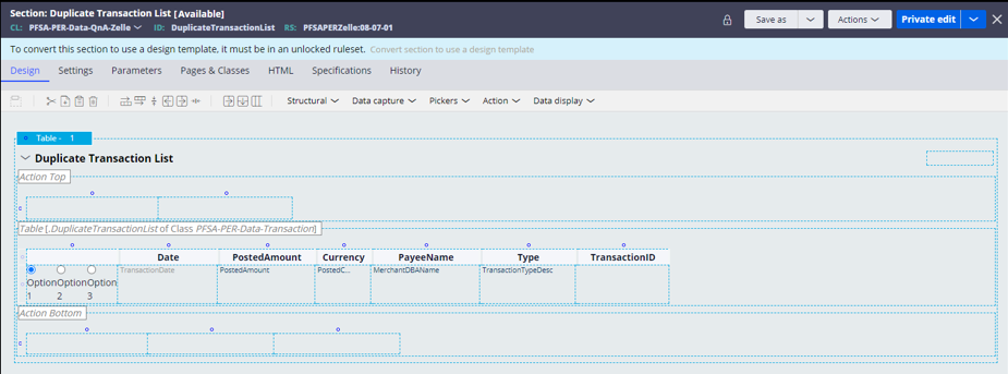 The Design tab of the DuplicateTransaction List section displays the section with duplicate transactions list in a table.