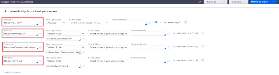 The Automatically launched processes landing page that specifies the configuration for various processes for the Resolve stage.