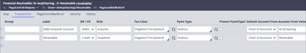 The Transactions tab displays the label to debit aount from acquirer account and credit amount to receivable account.