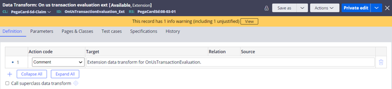 In the Definition tab of the OnUsTransactionEvaluation extension data transform you can set the action code for extension data transform.