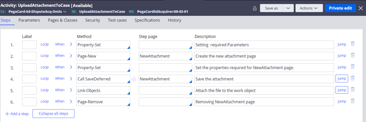 The Steps tab of the UploadAttachmentToCase activity is used to set required parameters and properties for new attachment and attach the file to the work object.