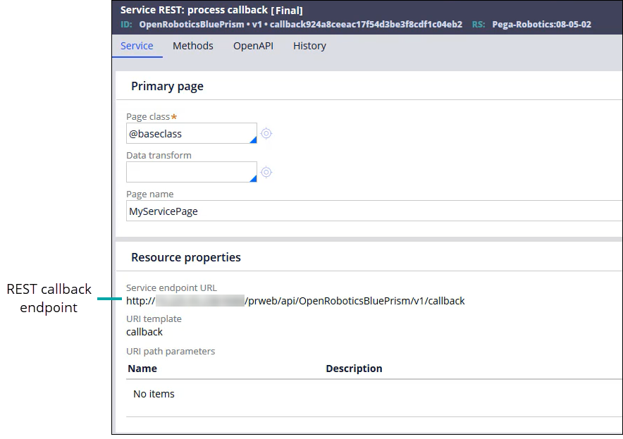 The configuration page for the REST service that Pega Open Robotics provides for processing Blue Prism responses. The page shows the callback endpoint URL.