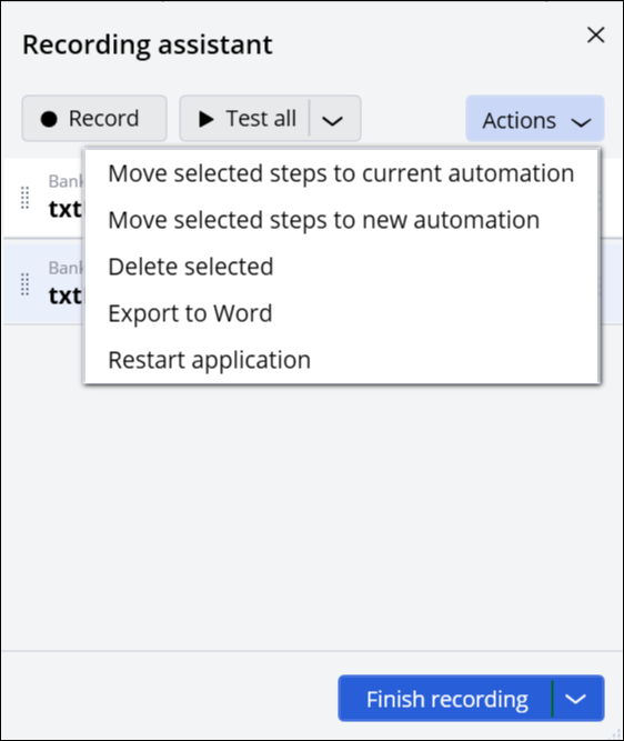 Drop-down menu showing the options of the Actions menu.