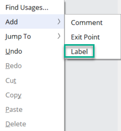Automation surface right-click menu with Add options shown and Label highlighted.