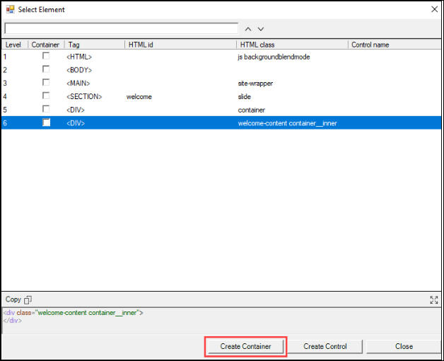 Select Element dialog showing checkbox to create containers.