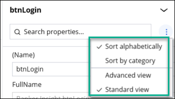 More menu showing options to sort or change views in the Property grid.