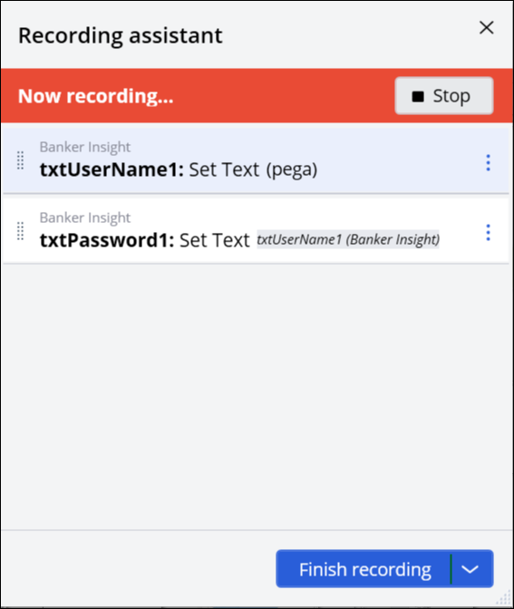Recorded steps for a login in the Recording assistant.