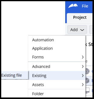 Add menu from Project Manager showing how to add an existing file.