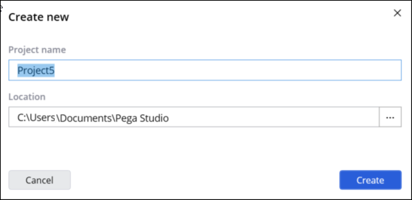 Create new dialog with fields for Project Name and Location.