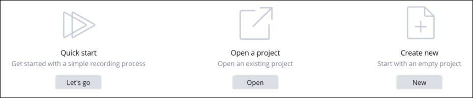 Options for creating a new project or opening an existing one.