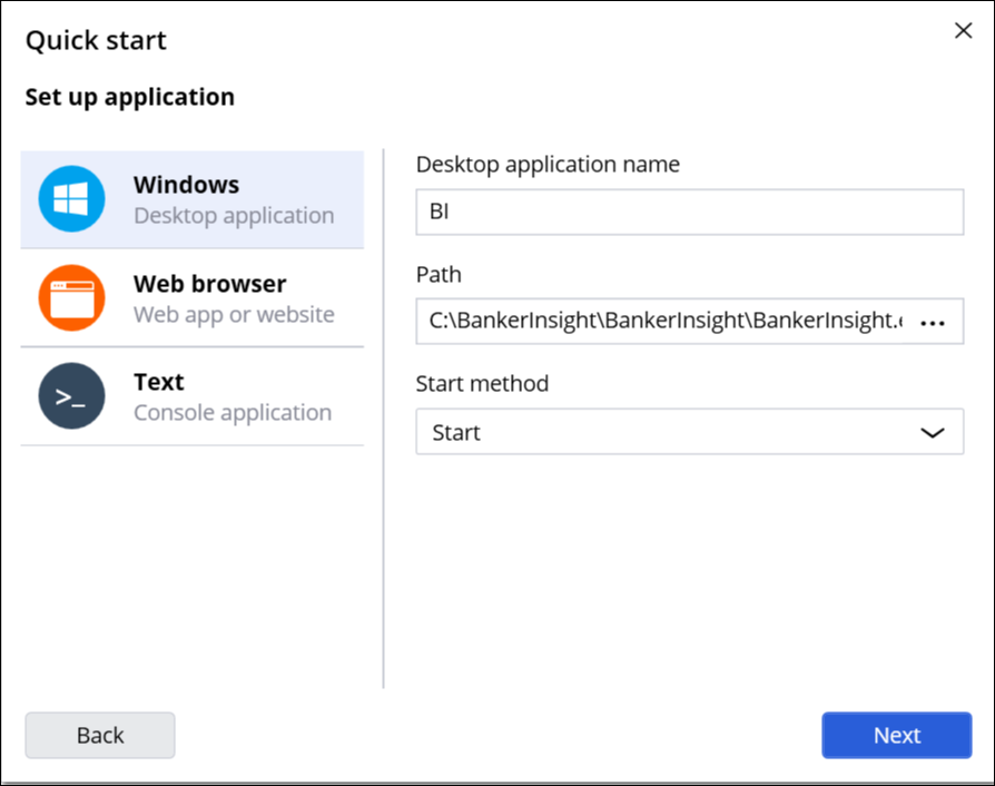 Quick Start dialog showing application name, path, and start method.