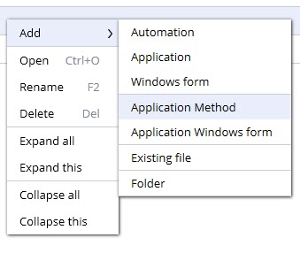 Menu showing the Application Method options from the Project Explorer.