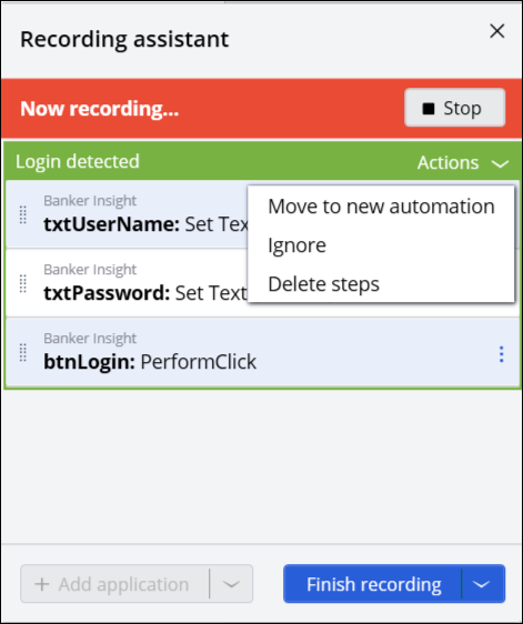 Recording assistant showing a login process and the Actions menu of options.
