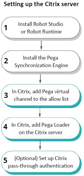 The workflow for setting up the Citrix server has 5 stages.