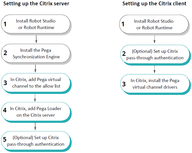 The workflow for setting up the Citrix server has 5 stages, and for clients, 3.
