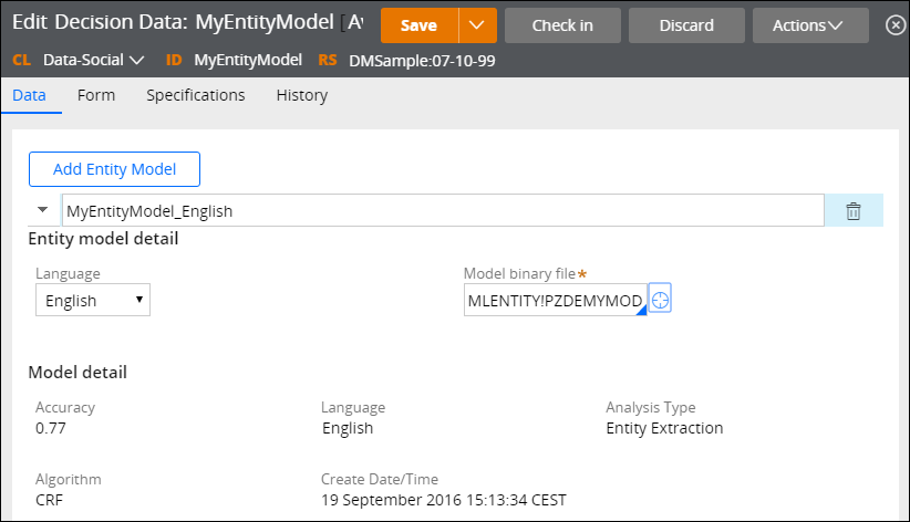 Configuration of a Decision Data rule with an entity extraction model.