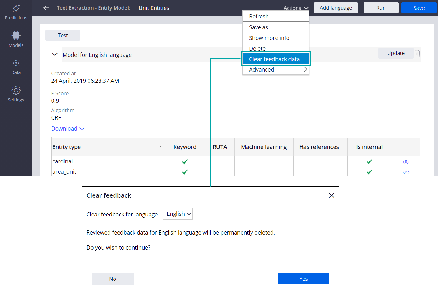 A model is open in Prediction Studio. In the Actions menu, the Clear feedback data option is selected, which opens a dialog box.