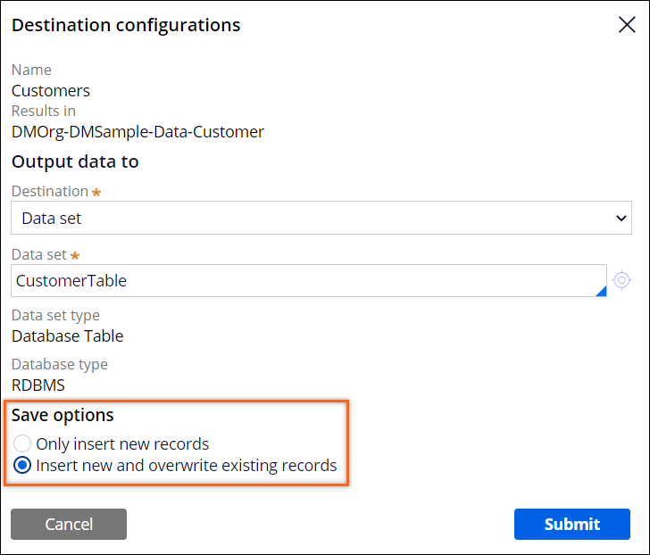 A Customer Table data set is selected as the destination. The option to insert new and overwrite existing records is selected.