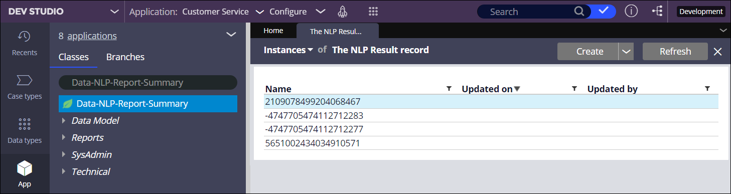 In Dev Studio, the NLP Result tab shows four instances of the Summary database table.