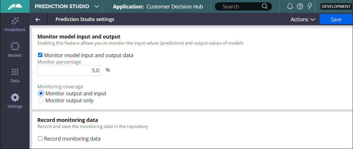 A Prediction Studio screen displaying settings that contain parameters for monitoring model input and output.
