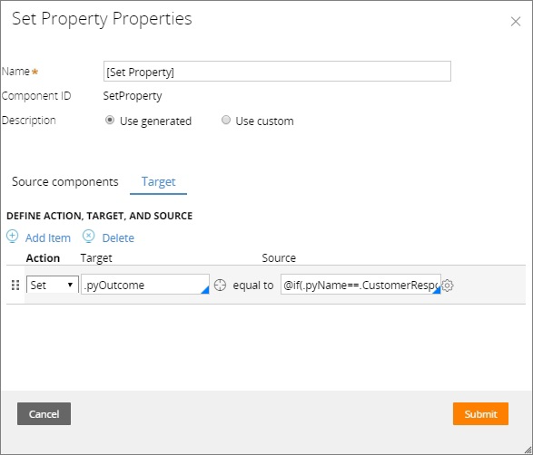 The configuration includes an expression to set the py outcome property to a value in the appropriate database field.