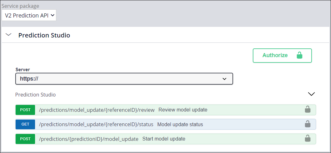 A Swagger-based documentation of the prediction API endpoints available in Pega Platform