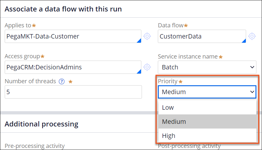 Part of the data flow work item tab that shows a list of available priority levels for a run.