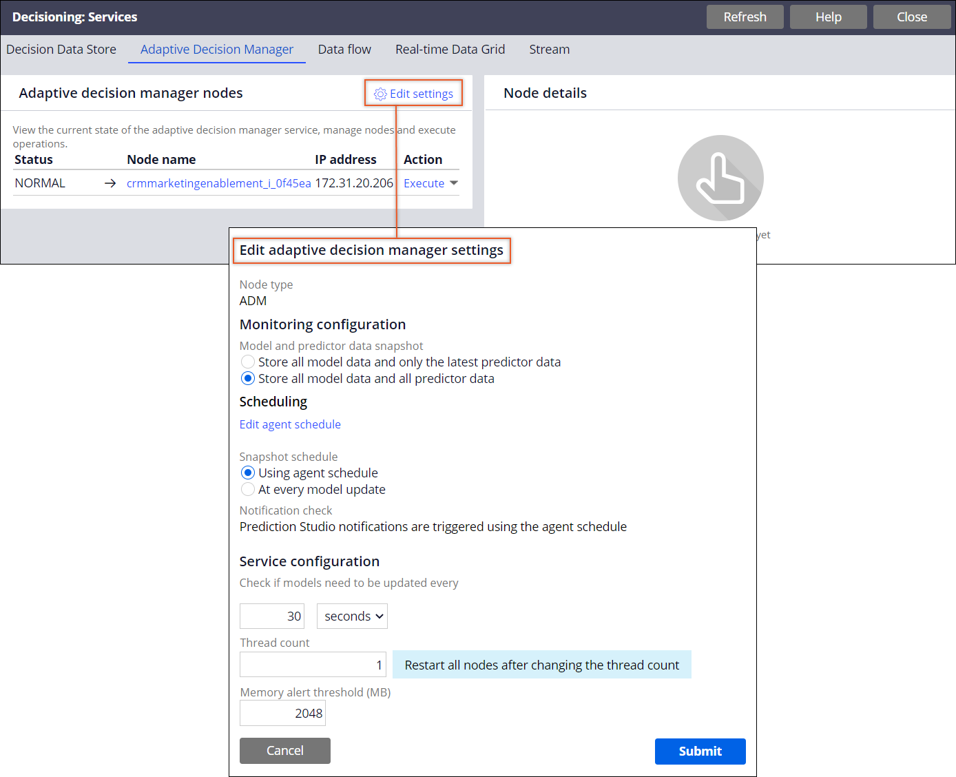 ADM settings include node type, model and predictor data snapshot, snapshot schedule, thread count, and more.