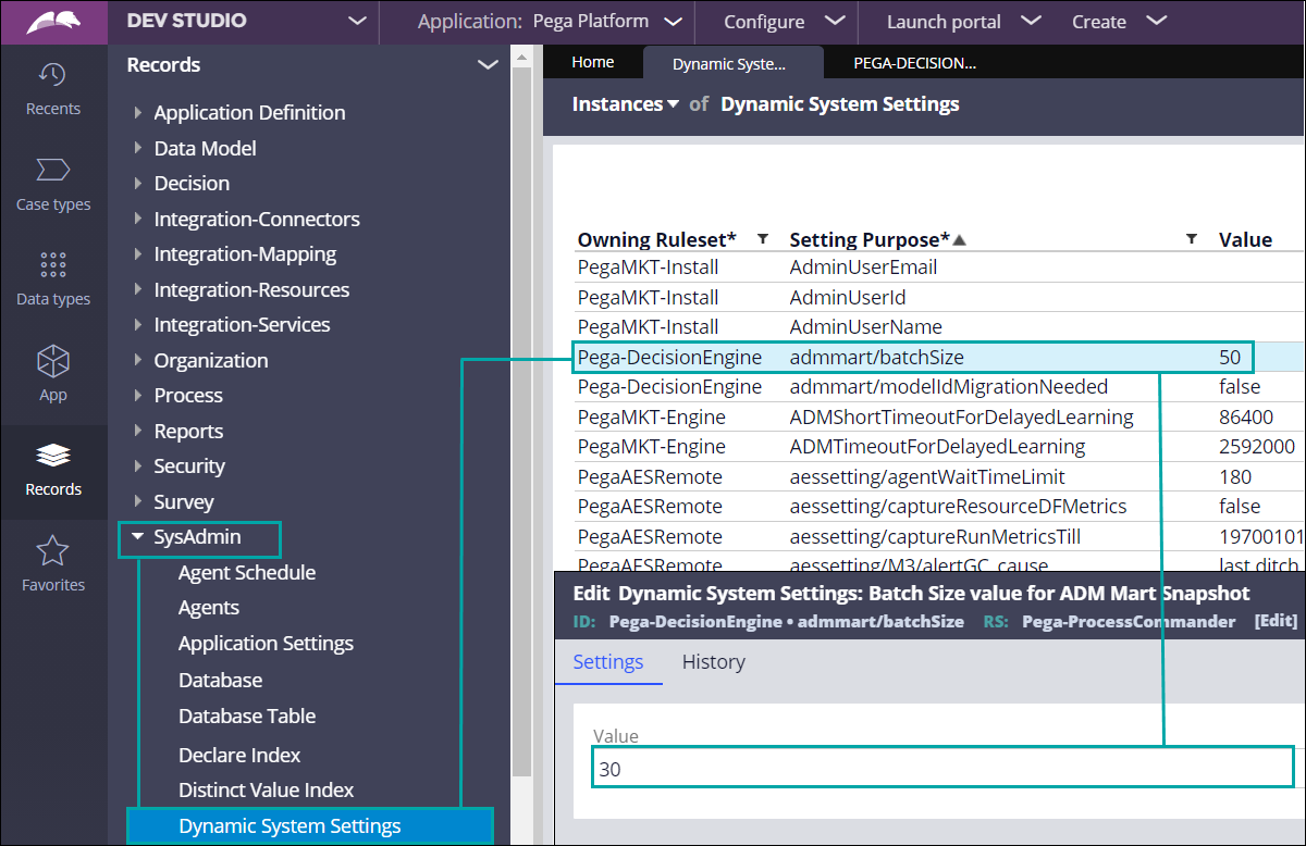 The adm mart batch size dynamic system setting is open in Dev Studio. The new value is set to 30.