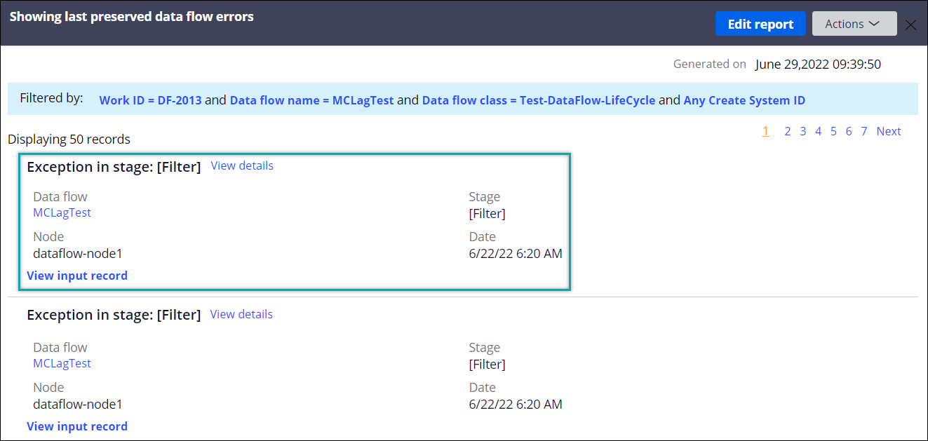 A sample report contains all the records in which errors occurred during a data flow run.