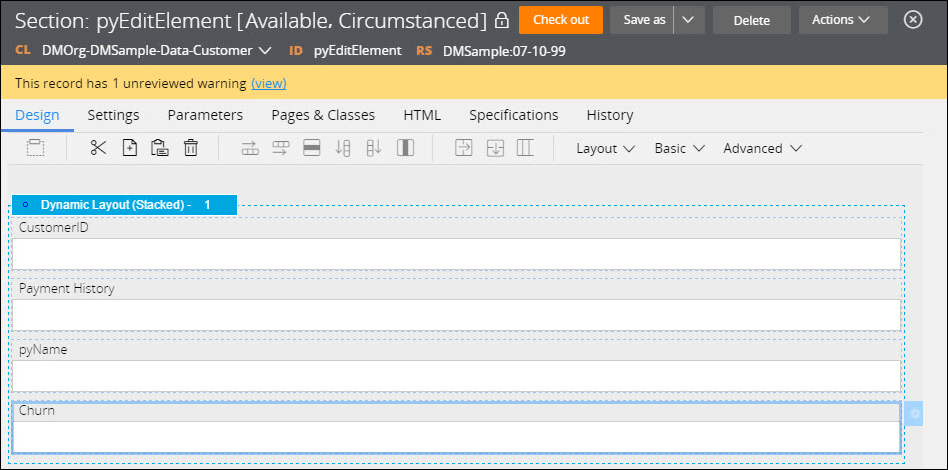 A dynamic layout on the rule form is highlighted and contains the Customer ID, Payment History, py Name, and Churn fields.