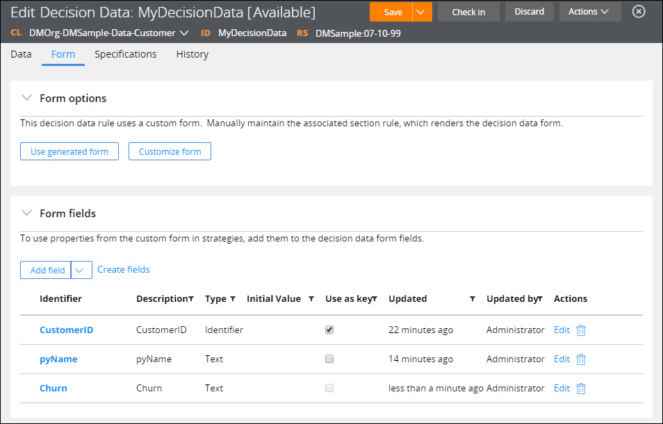 The Form tab contains recently added fields: Churn, py Name, and Customer ID.