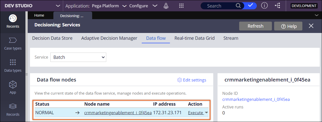 The batch data flow service landing page. One node is assigned.