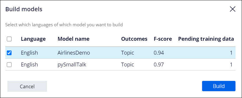 Selecting the Airlines Demo topic model to train with the new training data