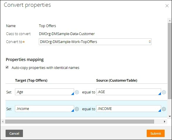 The convert shape is configured to map the age and income fields from the source to the target class.