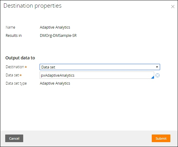 The destination shape is configured to output data to the px adaptive analytics data set.