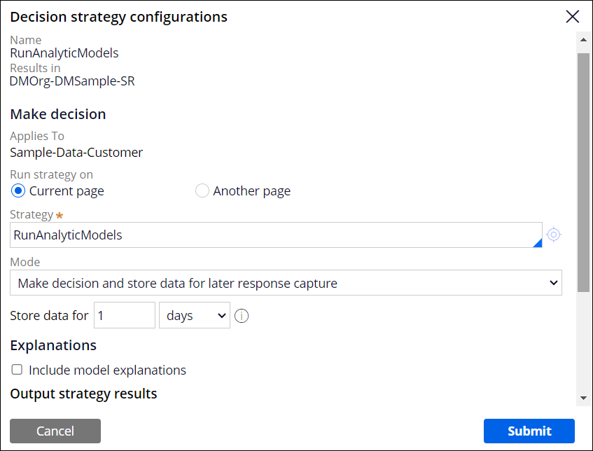 The decision strategy shape is configured to use the Run Analytic Models strategy.