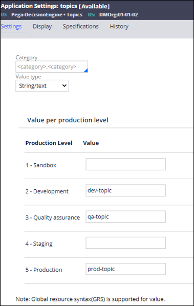 Application settings for a Kafka topic