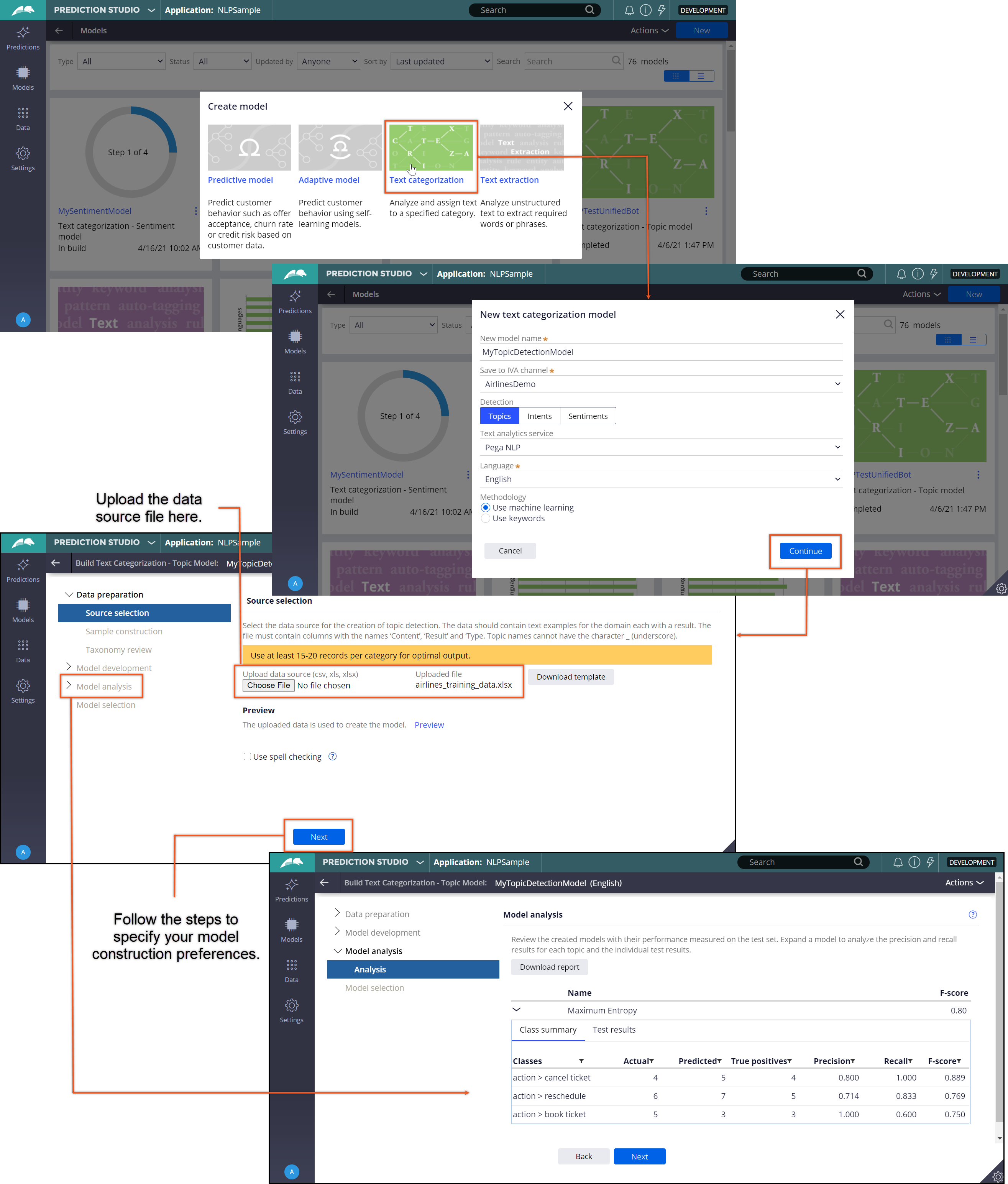 Creating a sentiment text categorization model using the Pega Platform wizard.